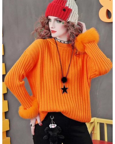 Pulovere dama, Pulover dama din lana cu blana artificiala orange Misa - jojofashion.ro
