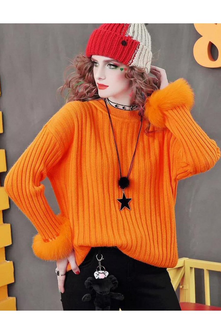 Pulover dama din lana cu blana artificiala orange Misa 1 - jojofashion.ro