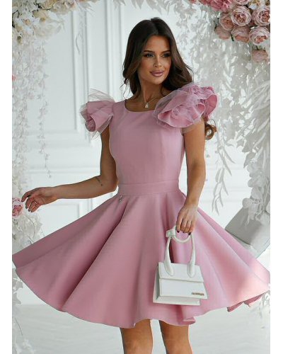 Rochie baby doll scurta roz prafuit din vascoza cu volan la maneca Samuela Rochii cununie civila, Rochie baby doll scurta roz prafuit din vascoza cu volan la maneca Samuela - jojofashion.ro