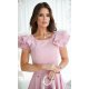 Rochie baby doll scurta, din vascoza, roz prafuit, cu volan la maneca, Samuela 5 - jojofashion.ro