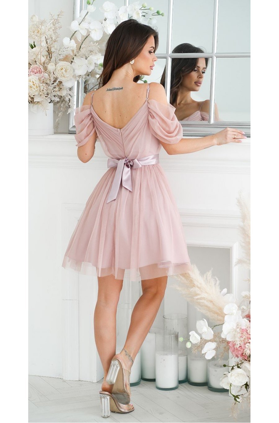 Rochie babydoll scurta roz prafuit din tulle cu umerii goi Cayenne 2 - jojofashion.ro