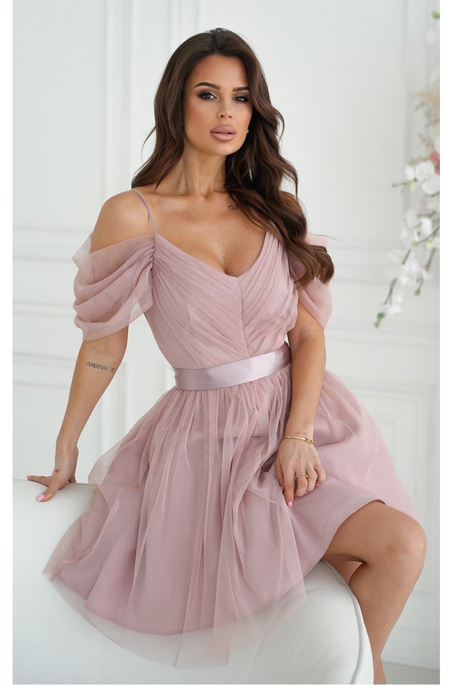 Rochie babydoll scurta roz prafuit din tulle cu umerii goi Cayenne 5 - jojofashion.ro
