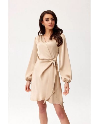 Rochie din satin bej scurta cu maneca lunga petrecuta Labonita Rochii satin, Rochie din satin bej scurta cu maneca lunga petrecuta Labonita - jojofashion.ro