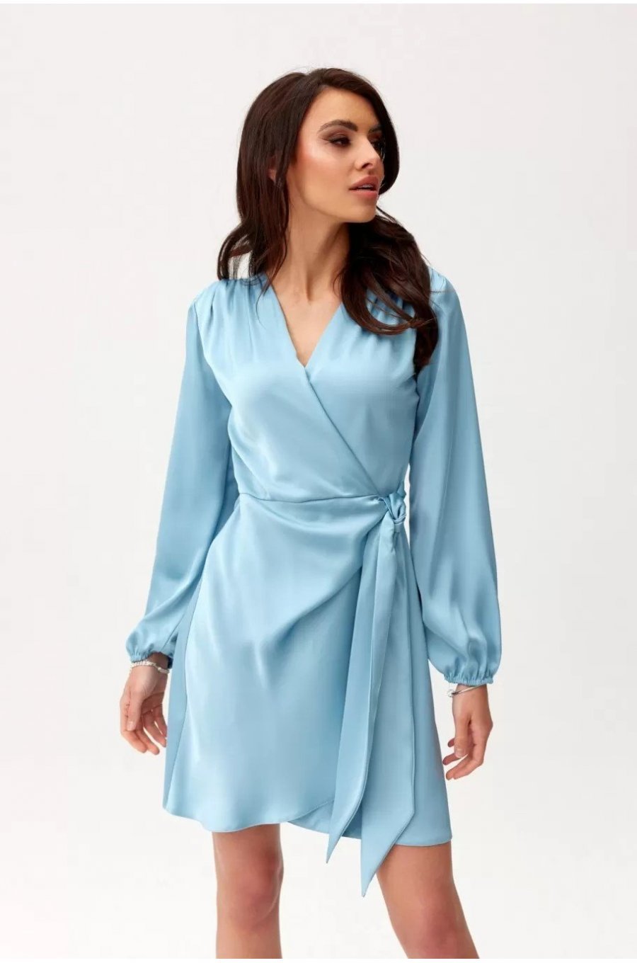 Rochie scurta din satin bleu cu maneca lunga petrecuta Labonita 1 - jojofashion.ro