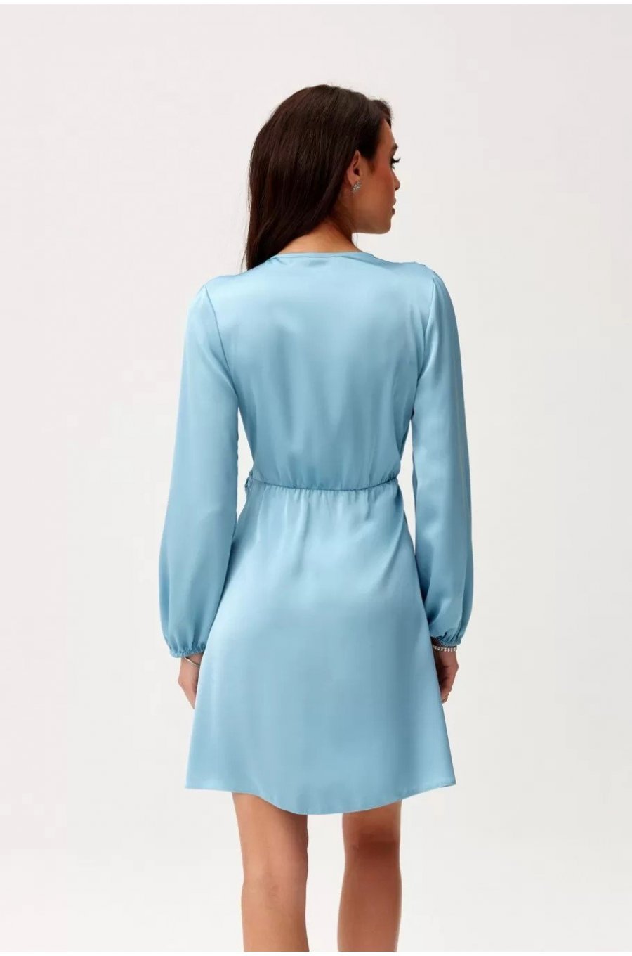 Rochie scurta din satin bleu cu maneca lunga petrecuta Labonita 2 - jojofashion.ro