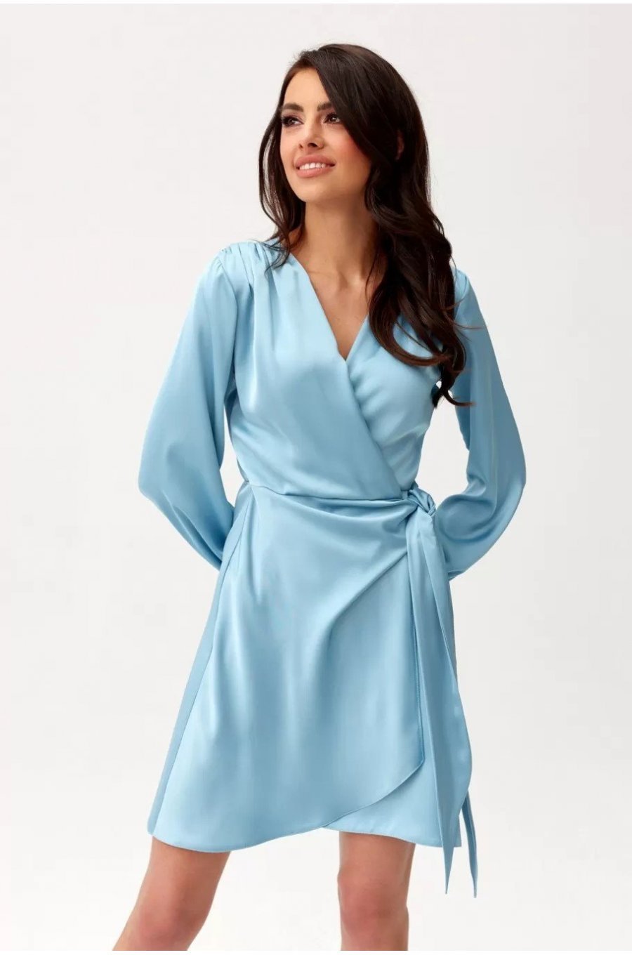 Rochie scurta din satin bleu cu maneca lunga petrecuta Labonita 3 - jojofashion.ro