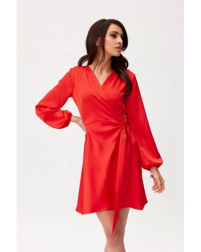 Rochie rosie din satin scurta cu maneca lunga Labonita Rochii satin,  Rochie rosie din satin scurta cu maneca lunga Labonita - jojofashion.ro