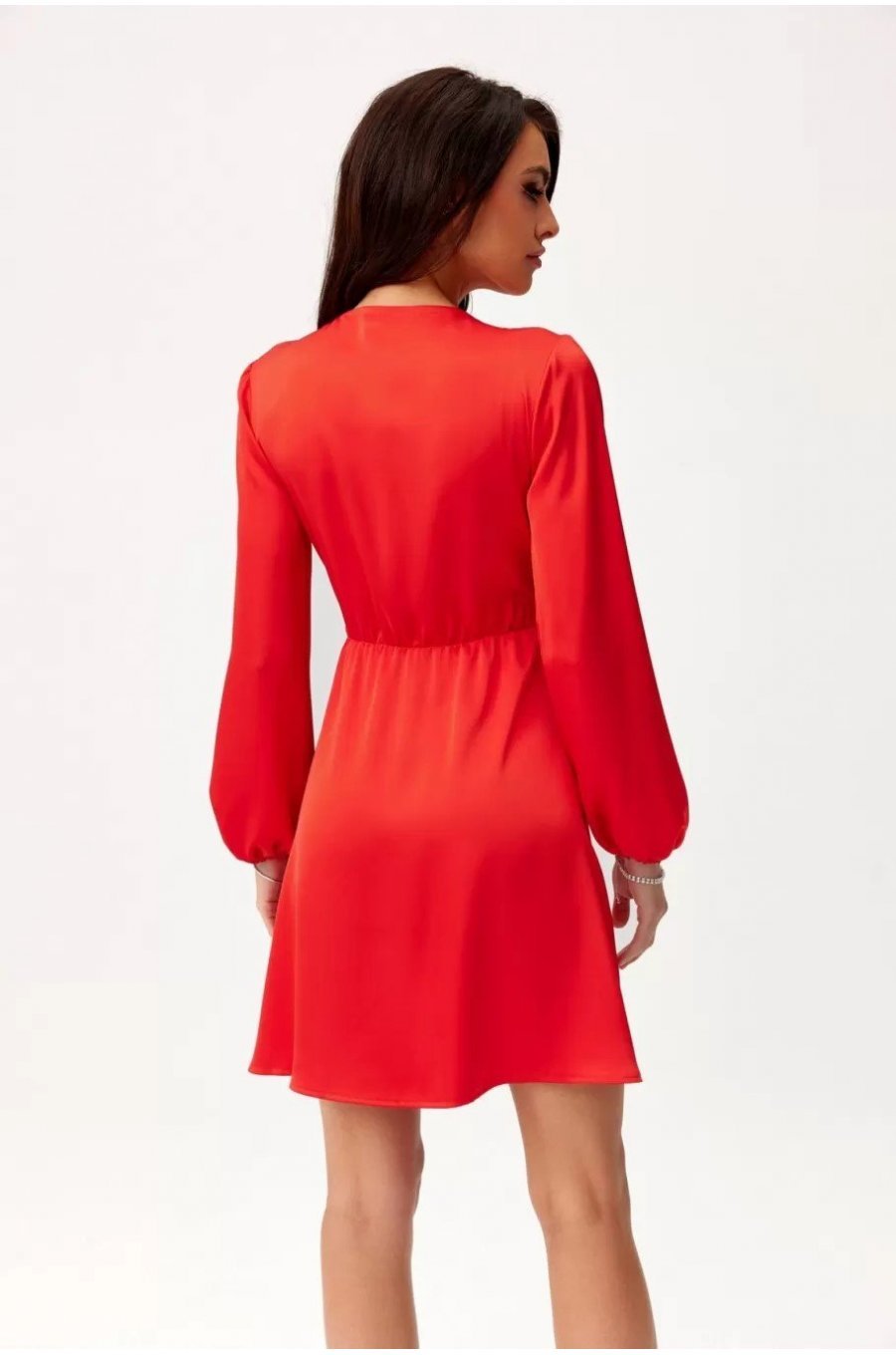  Rochie rosie din satin scurta cu maneca lunga Labonita 2 - jojofashion.ro