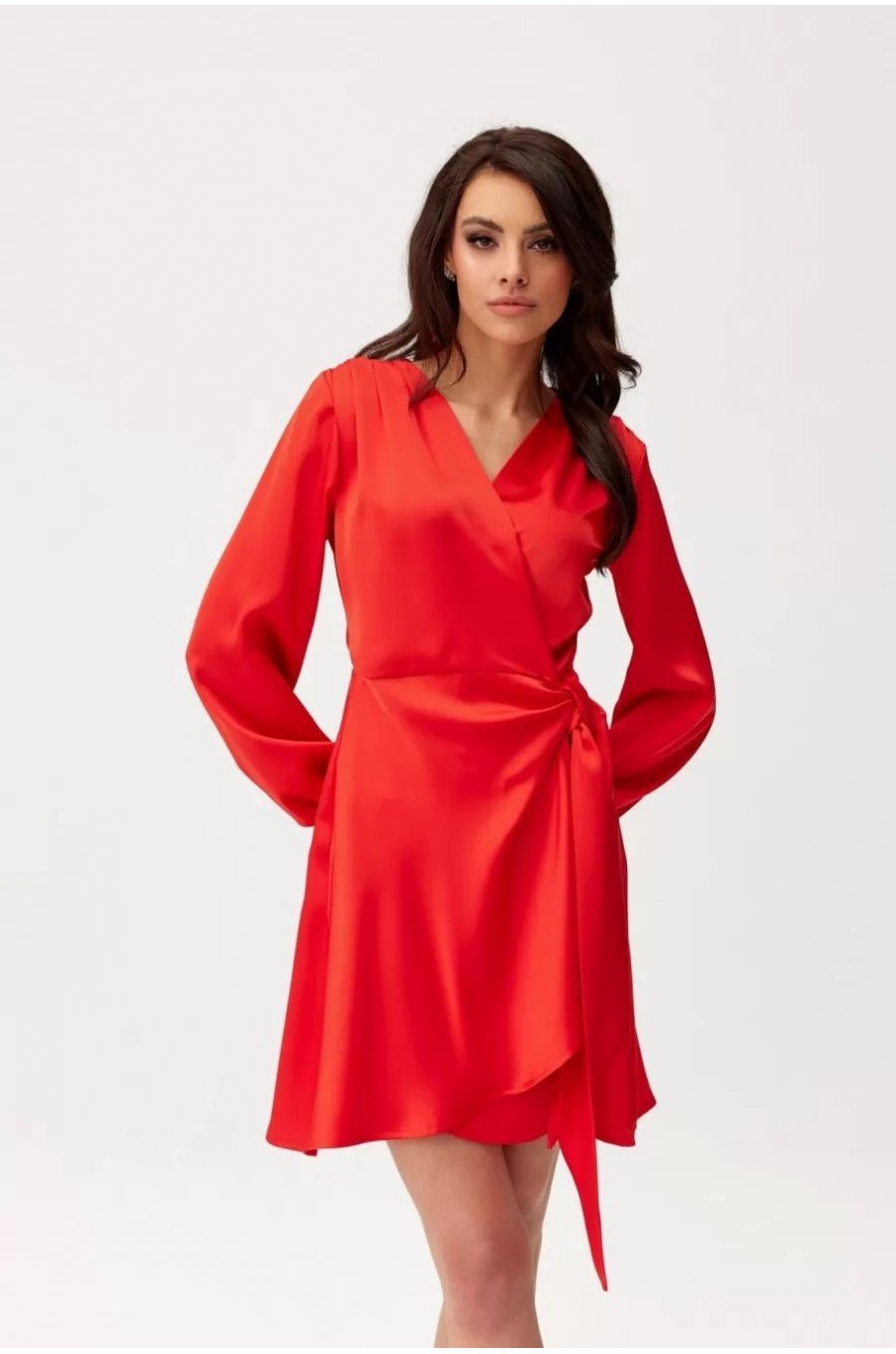  Rochie rosie din satin scurta cu maneca lunga Labonita 3 - jojofashion.ro