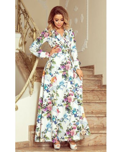 Rochie alba lunga cu flori multicolore cu maneca lunga suprapusa Rosella Rochii de zi, Rochie alba lunga cu flori multicolore cu maneca lunga suprapusa Rosella - jojofashion.ro