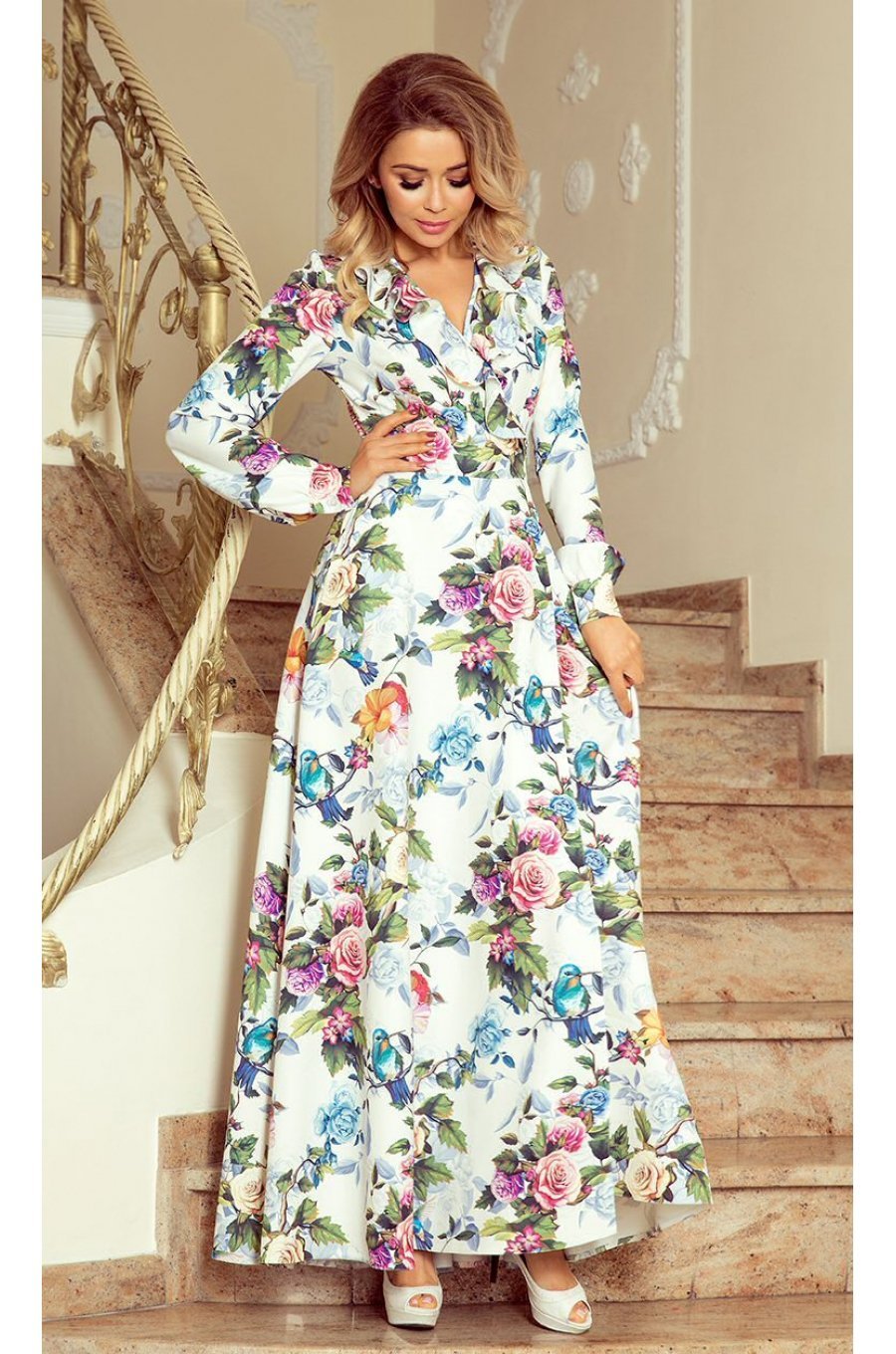 Rochie alba lunga cu flori multicolore cu maneca lunga suprapusa Rosella 1 - jojofashion.ro