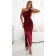 Rochie eleganta lunga mulata din satin burgundy cu floare pe umar LeilaN 2 - jojofashion.ro