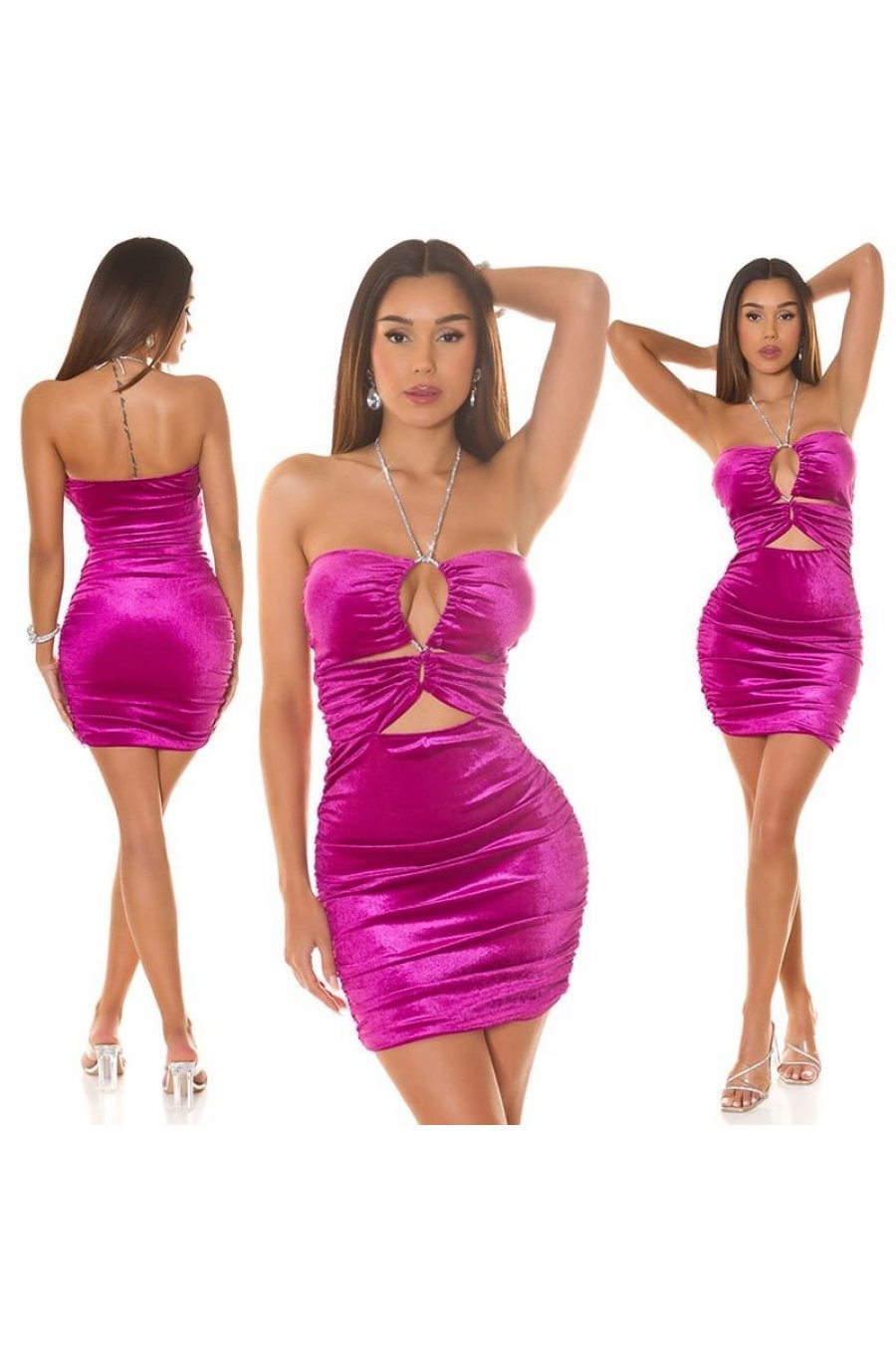 Rochie scurta, din catifea roz fucsia, mulata, cu umerii goi, Bellisse 8 - jojofashion.ro