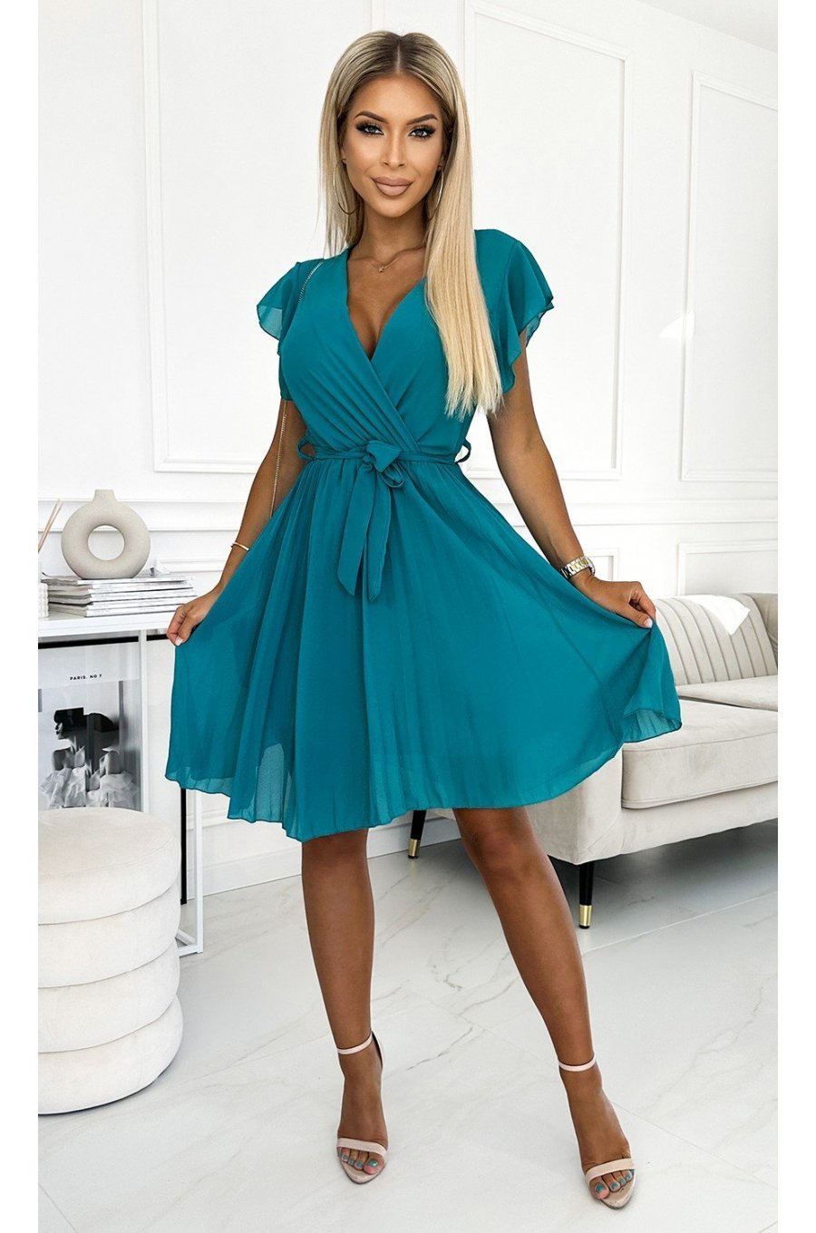 Rochie scurta plisata, chiffon bleu, cu decolteu plic, Soysen 5 - jojofashion.ro