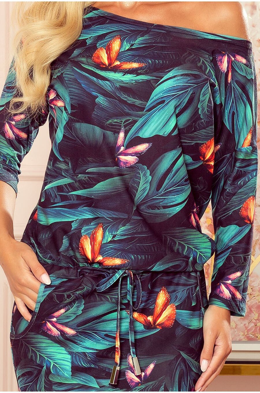 Rochie midi, verde, cu imprimeu, Reney 4 - jojofashion.ro
