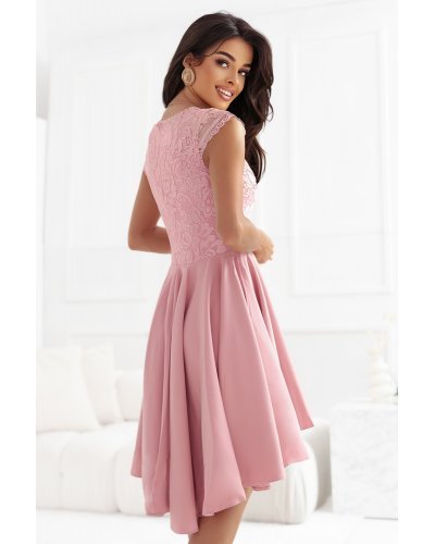 Rochie midi cu dantela roz pudrat asimetrica Ivy Rochii midi, Rochie midi cu dantela roz pudrat asimetrica Ivy - jojofashion.ro
