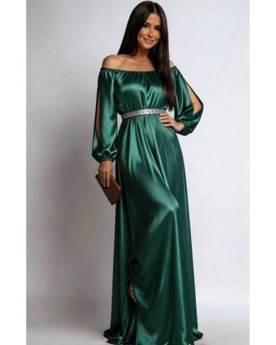 Rochii banchet, Rochie de ocazie din satin verde vaporoasa cu maneca lunga Larisa  - jojofashion.ro