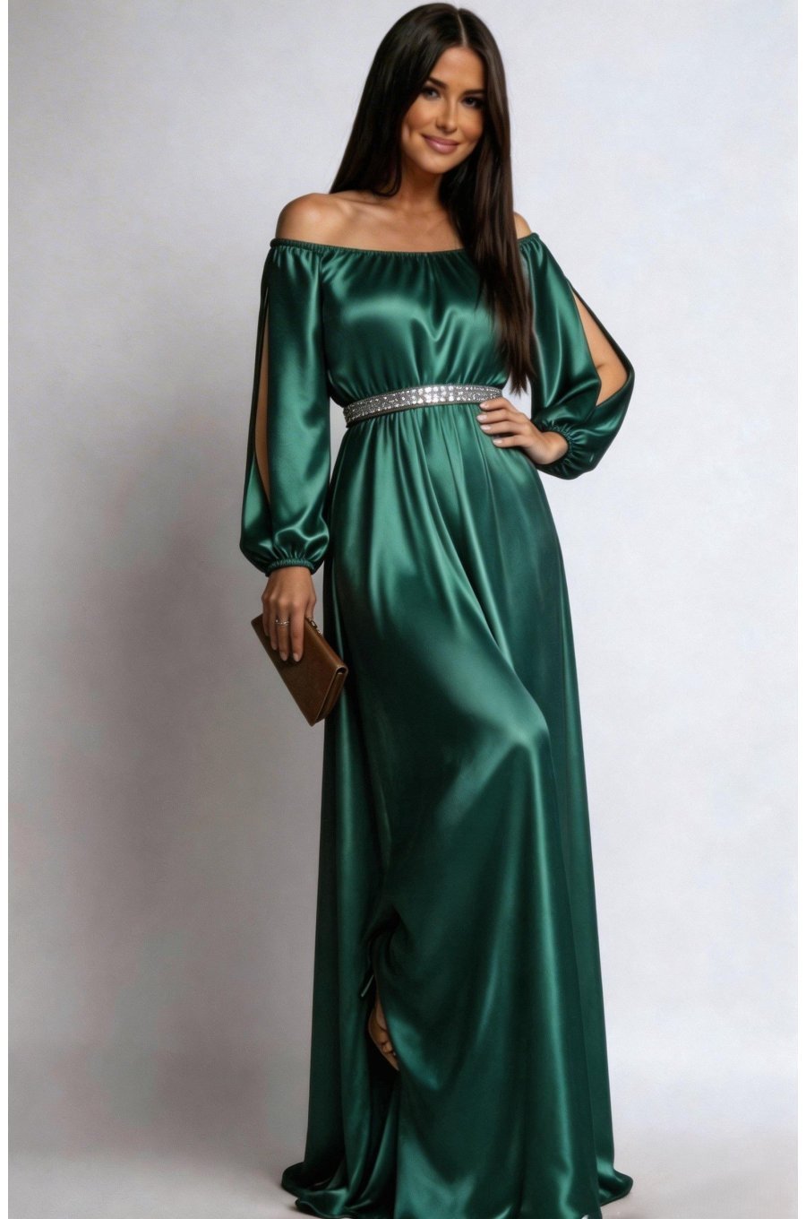 Rochie de ocazie din satin verde vaporoasa cu maneca lunga Larisa  1 - jojofashion.ro
