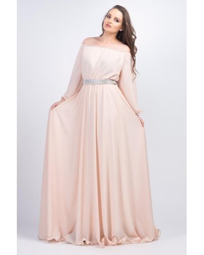 Rochie lunga din voal bej vaporoasa Cinderella Rochii lungi, Rochie lunga din voal bej vaporoasa Cinderella - jojofashion.ro