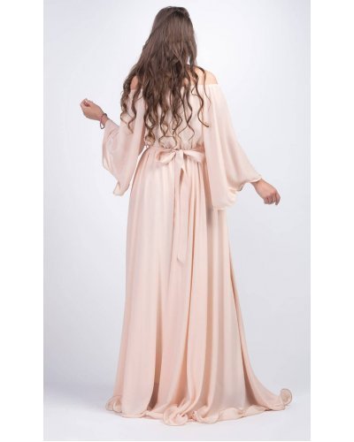 Rochie lunga din voal bej vaporoasa Cinderella Rochii lungi, Rochie lunga din voal bej vaporoasa Cinderella - jojofashion.ro