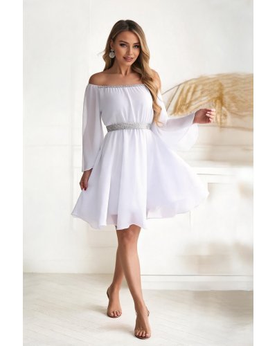 Rochii, Rochie cununie civila scurta, din voal, alba, cu maneca lunga, vaporoasa, Alexia - jojofashion.ro