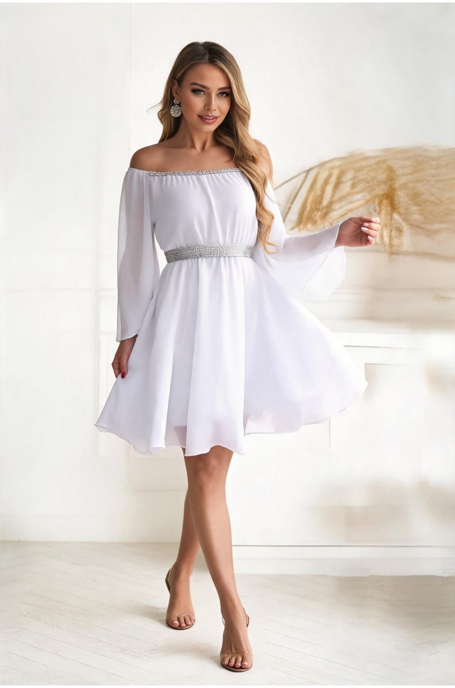 Rochie cununie civila scurta, din voal, alba, cu maneca lunga, vaporoasa, Alexia 2 - jojofashion.ro
