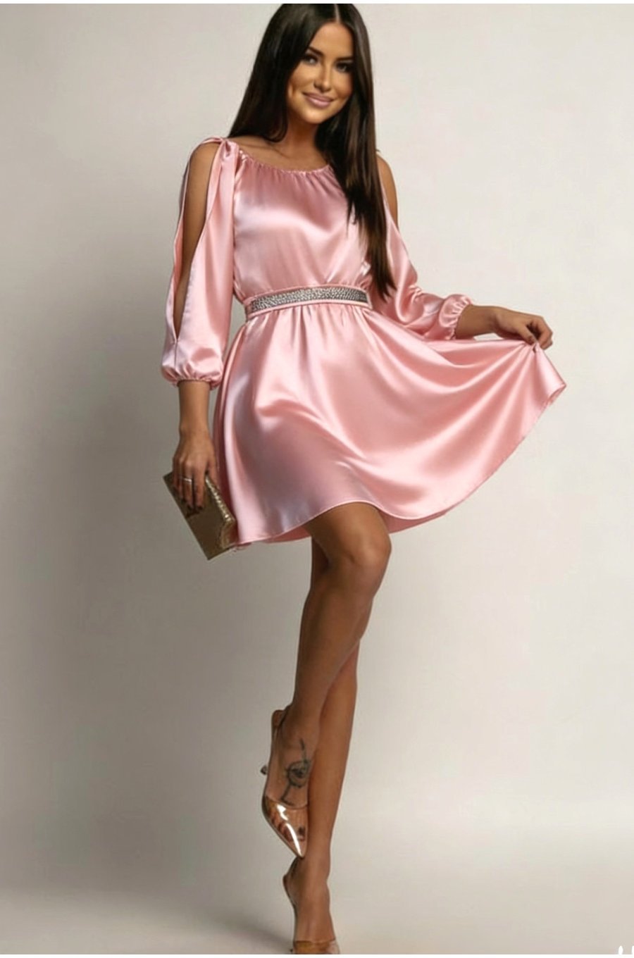 Rochie scurta din satin roz babydoll cu umerii goi Calirroe  1 - jojofashion.ro