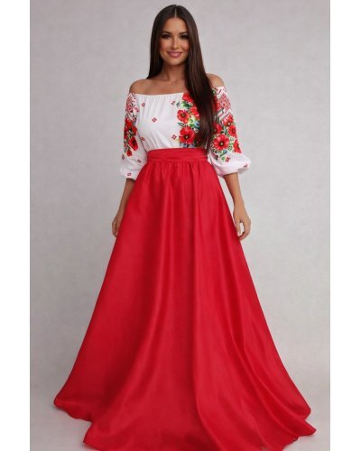 Rochii traditionale, Rochie traditionala lunga din tafta rosie cu maci Anna - jojofashion.ro