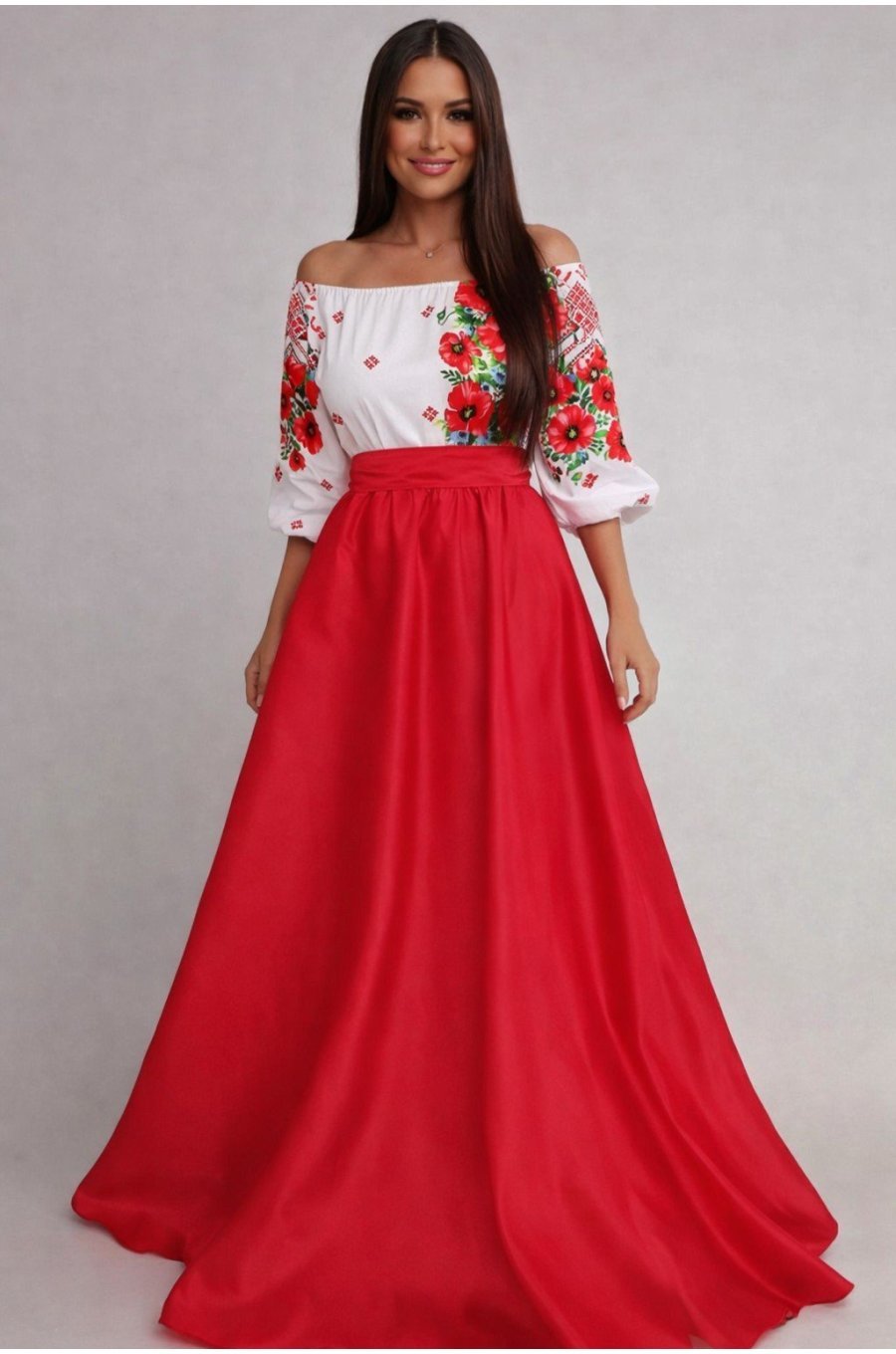 Rochie traditionala lunga din tafta rosie cu maci Anna 2 - jojofashion.ro