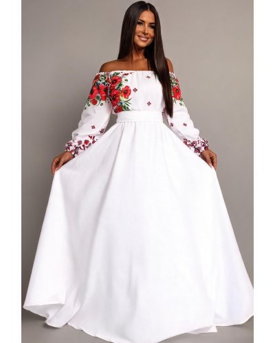 Rochii marimi mari, Rochie traditionala lunga din tafta alba Anna - jojofashion.ro