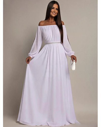 Rochie cununie civila lunga, voal, alba,  cu maneca lunga si umerii goi, Afrodita - jojofashion.ro
