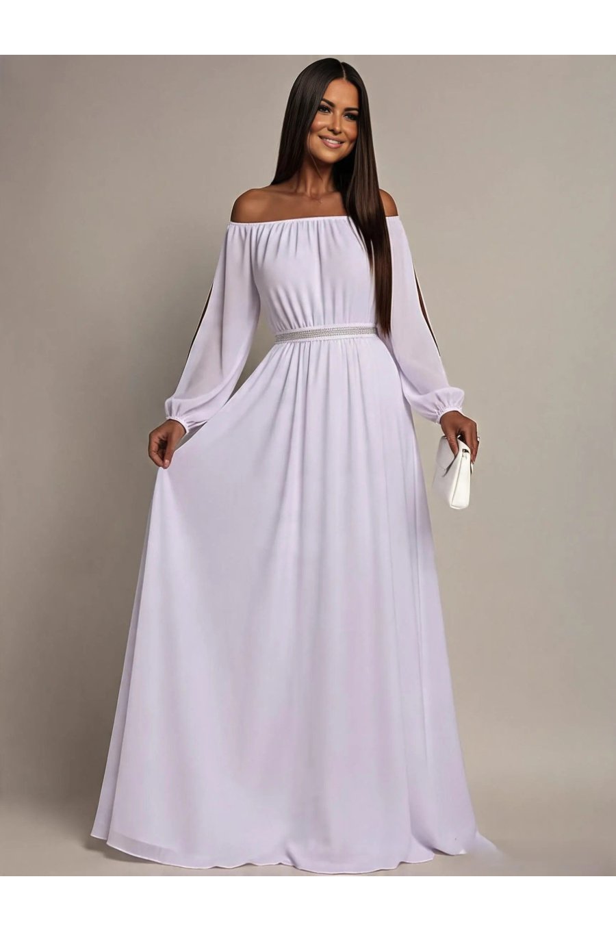 Rochie cununie civila lunga, voal, alba,  cu maneca lunga si umerii goi, Afrodita 1 - jojofashion.ro