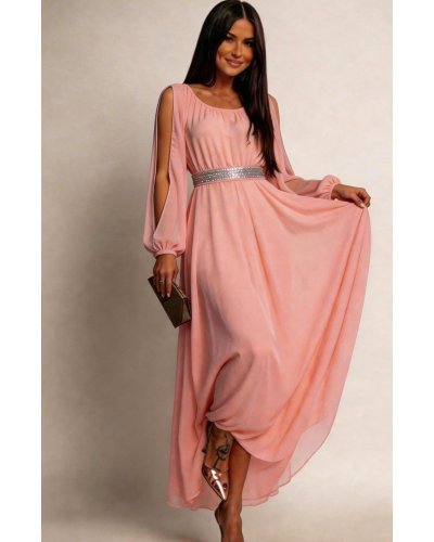 Rochii de Ocazie Elegante, Rochie lunga roz pal din voal vaporoasa Afrodita - jojofashion.ro
