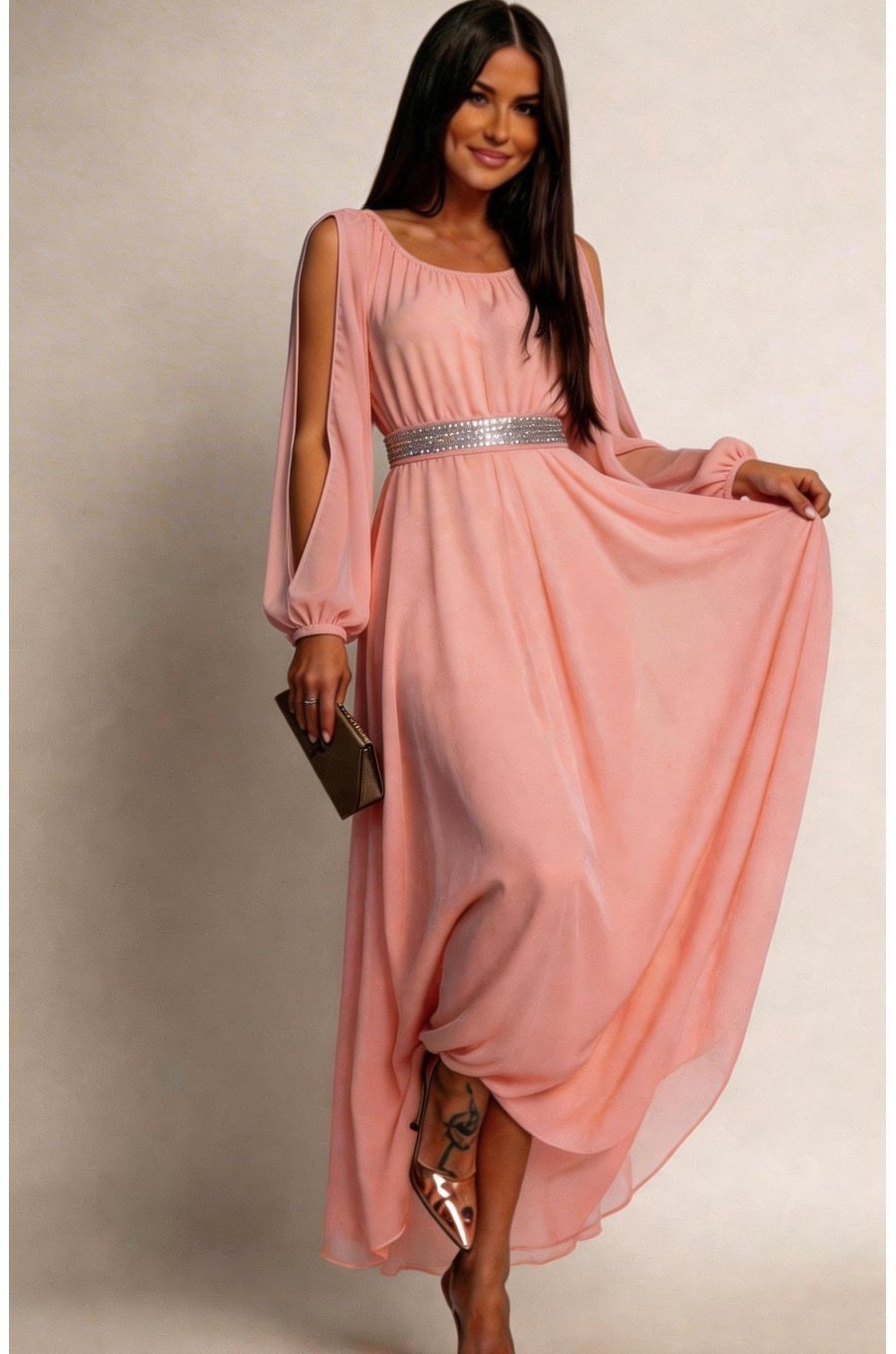 Rochie lunga roz pal din voal vaporoasa Afrodita 1 - jojofashion.ro