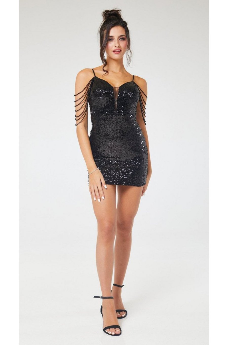 Rochie de seara, scurta, din paiete, neagra, cu margele, April 2 - jojofashion.ro