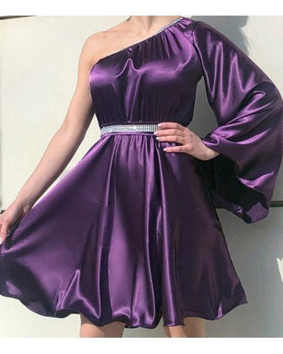 Rochie babydoll din satin mov cu maneca lunga Melike  Rochii satin, Rochie babydoll din satin mov cu maneca lunga Melike  - jojofashion.ro