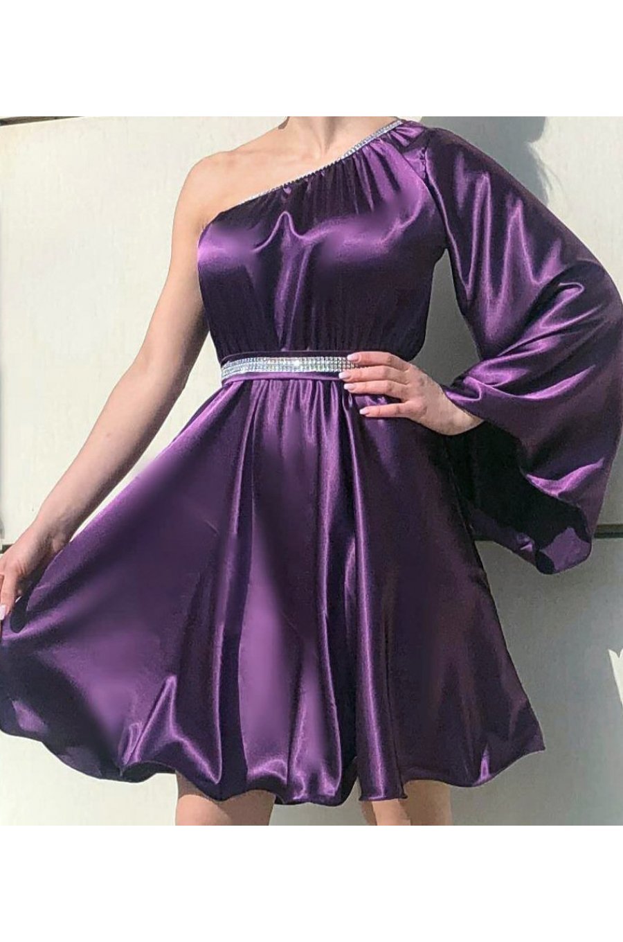 Rochie babydoll din satin mov cu maneca lunga Melike  1 - jojofashion.ro