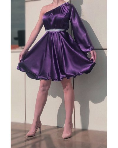 Rochie babydoll din satin mov cu maneca lunga Melike  Rochii satin, Rochie babydoll din satin mov cu maneca lunga Melike  - jojofashion.ro