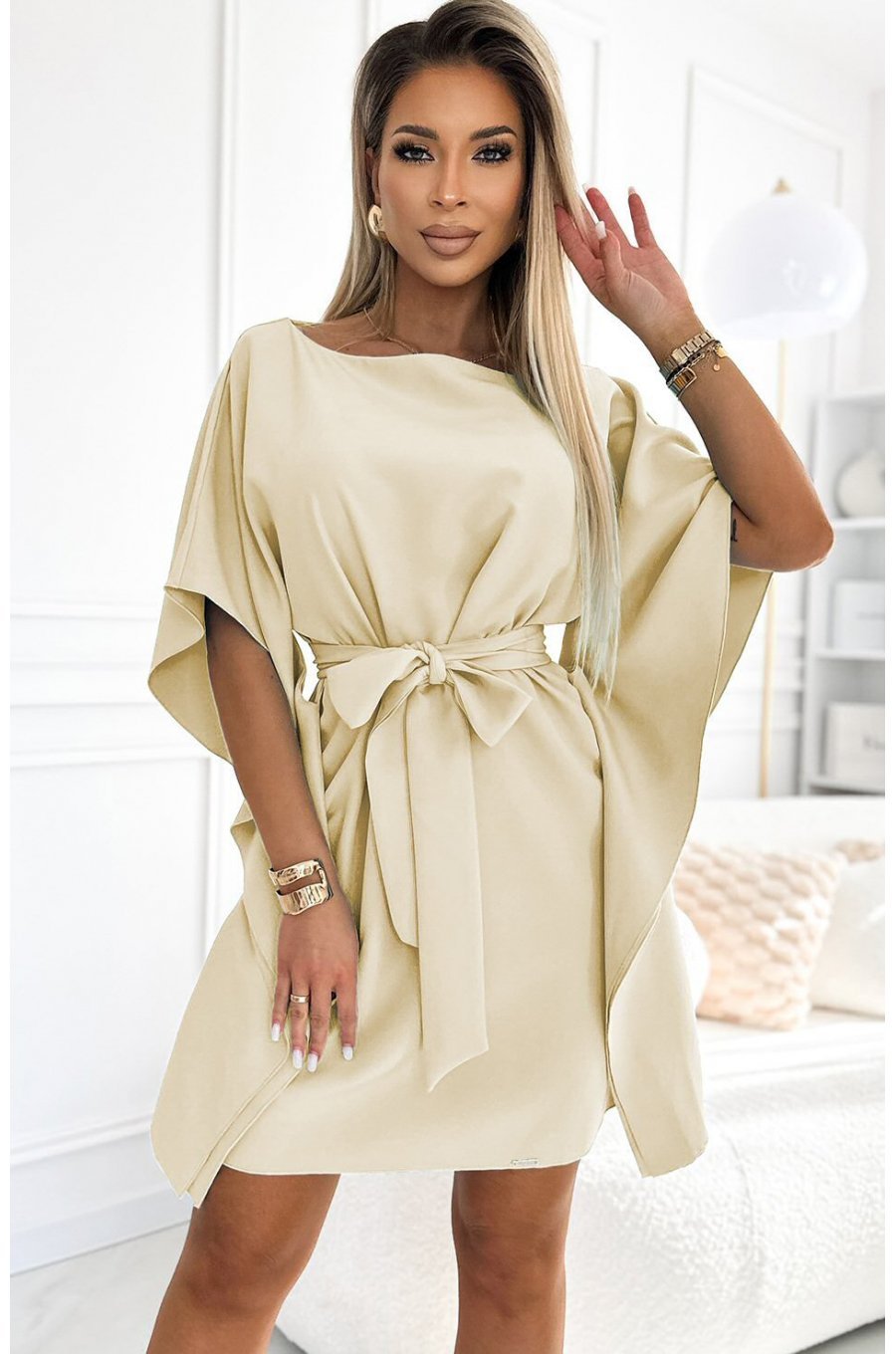 Rochie de zi eleganta midi, bej, croi fluture, oversize, Butterfly 1 - jojofashion.ro