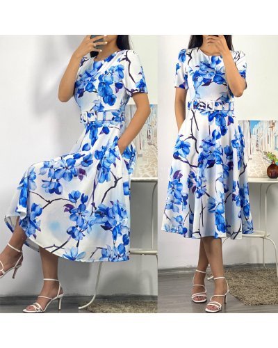 Rochie de vara alba midi cu flori bleu Adelaide Rochii, Rochie de vara alba midi cu flori bleu Adelaide - jojofashion.ro
