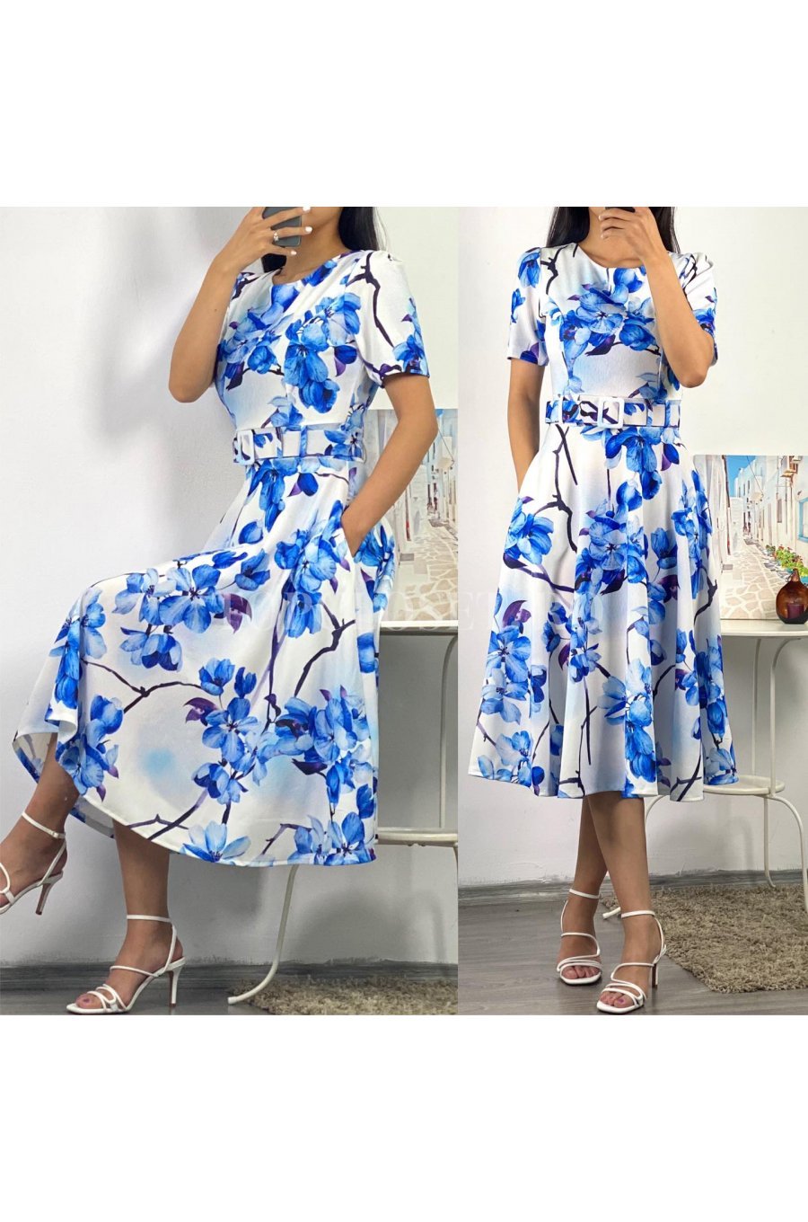 Rochie de vara alba midi cu flori bleu Adelaide 2 - jojofashion.ro