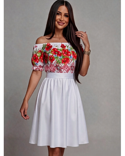 Rochii traditionale, Rochie traditionala in clos din tafta alba cu maci Adana - jojofashion.ro