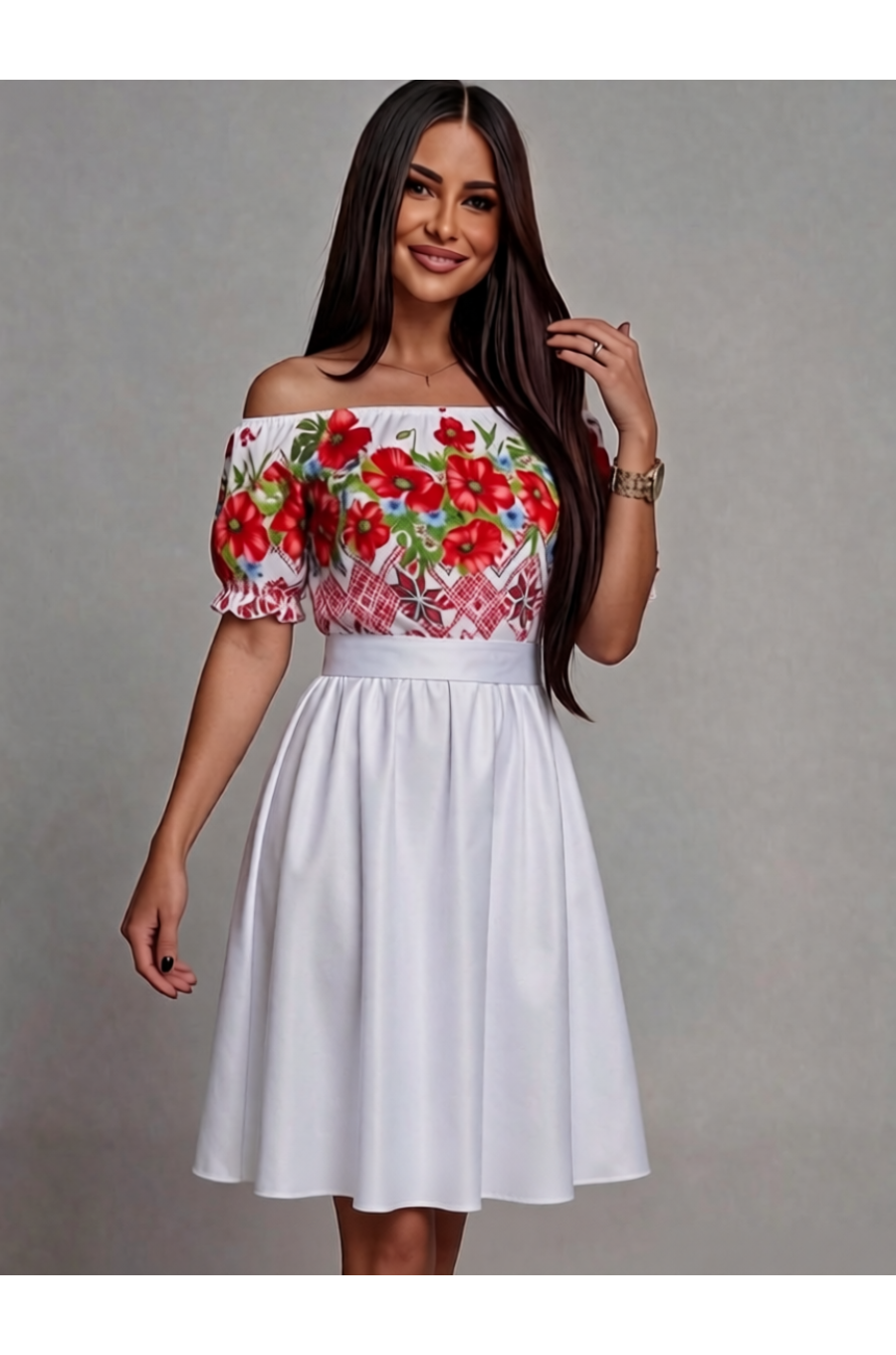 Rochie traditionala in clos din tafta alba cu maci Adana 1 - jojofashion.ro