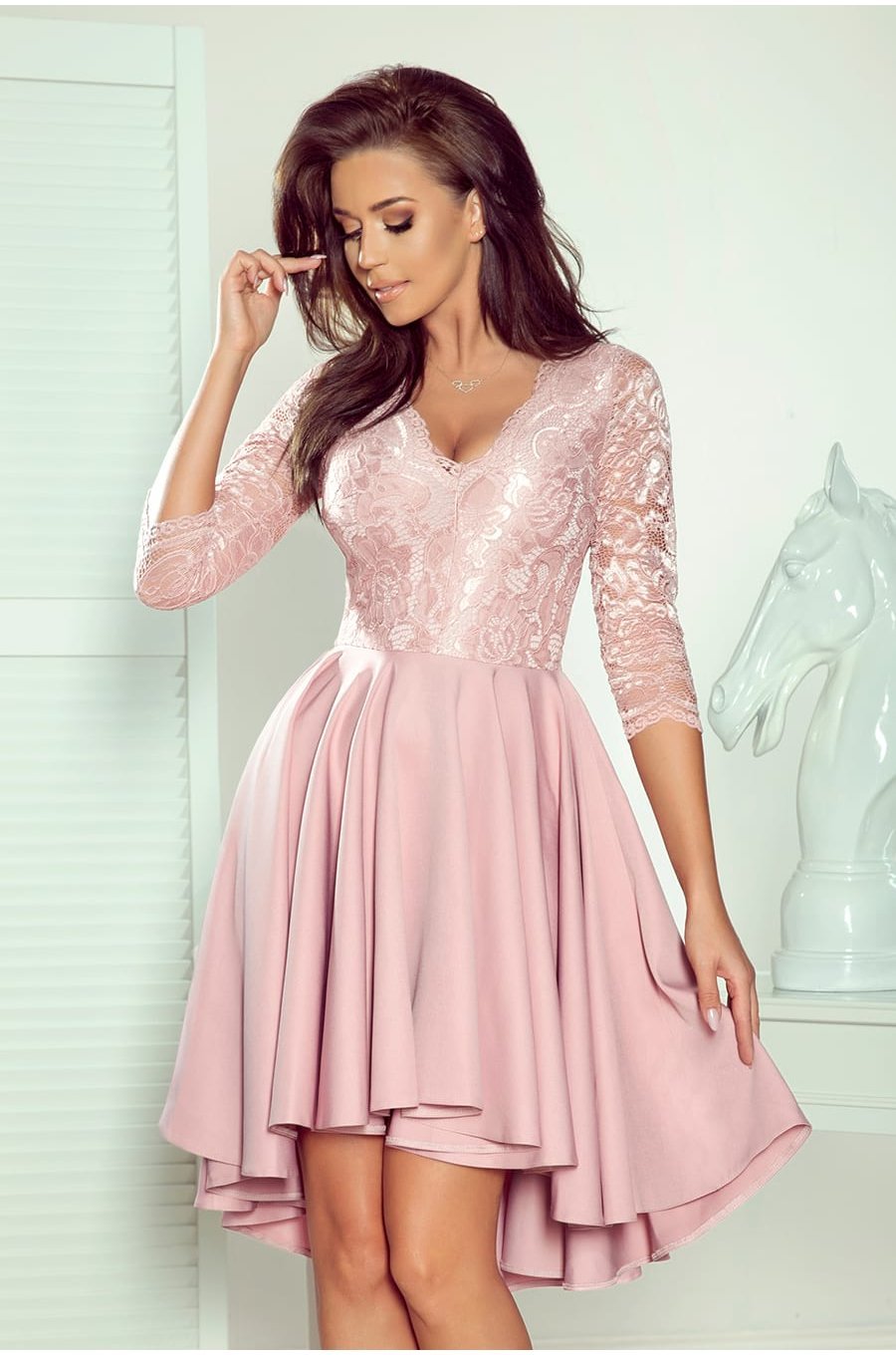 Rochie eleganta midi, dantela, roz, cu maneca lunga, asimetrica, Anastasia  1 - jojofashion.ro