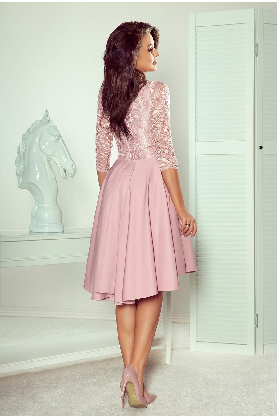 Rochie eleganta midi, dantela, roz, cu maneca lunga, asimetrica, Anastasia  5 - jojofashion.ro