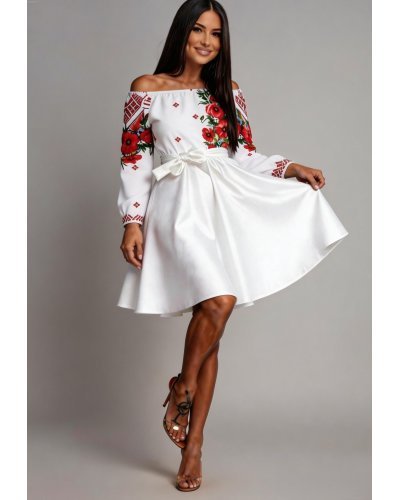 Rochii traditionale, Rochie traditionala midi alba cu maci rosii Azra - jojofashion.ro