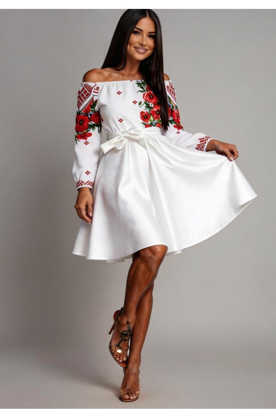 Rochie traditionala midi alba cu maci rosii Azra 1 - jojofashion.ro