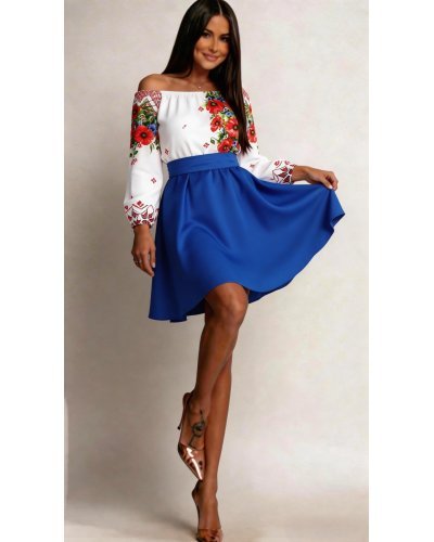 Rochii traditionale, Rochie traditionala midi tafta albastra cu maci rosii Azra - jojofashion.ro