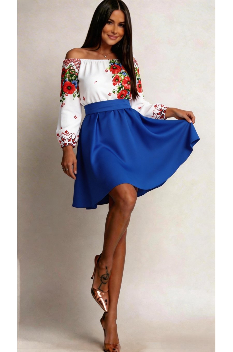 Rochie traditionala midi tafta albastra cu maci rosii Azra 1 - jojofashion.ro