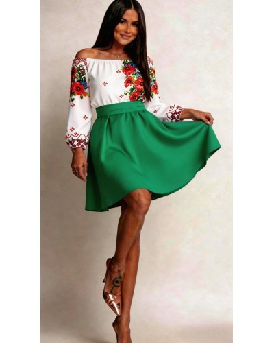 Rochii traditionale, Rochie traditionala midi tafta verde cu maci rosii Azra - jojofashion.ro